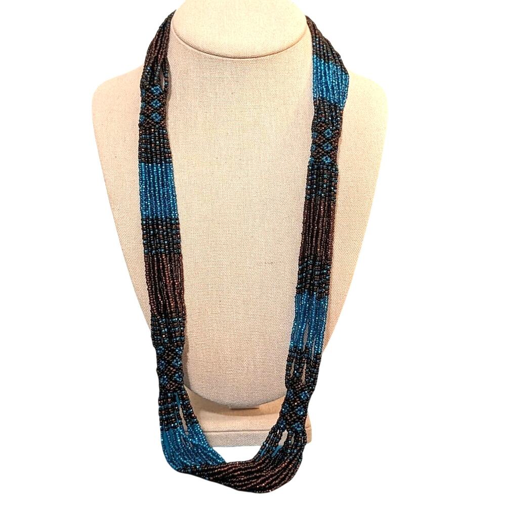 Brown & Blue Seed Bead Multi Strand Necklace With Woven Stations